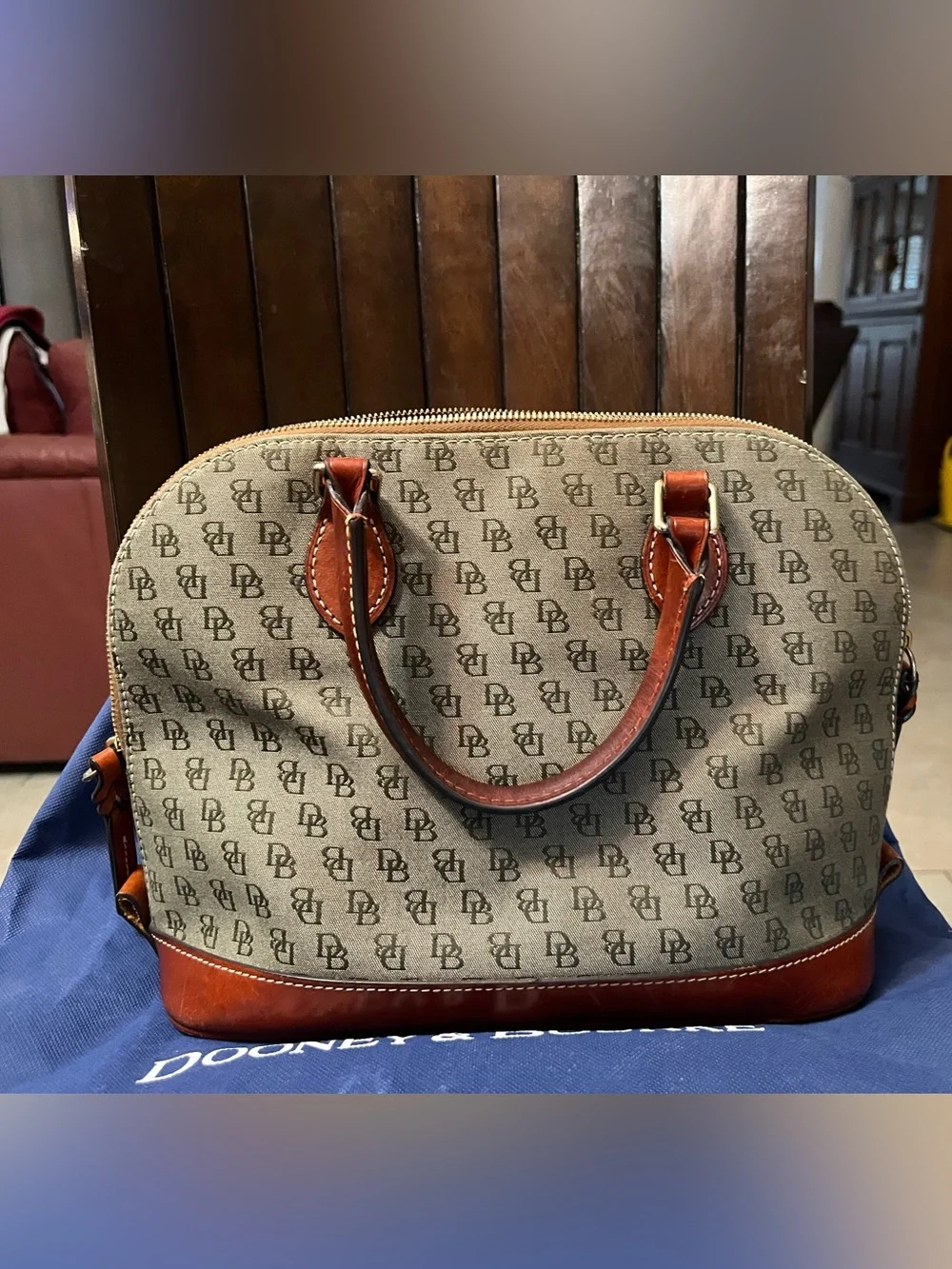 Dooney & Bourke Tan DB Logo Dome Zip Zip Satchel with Brown Leather Trim